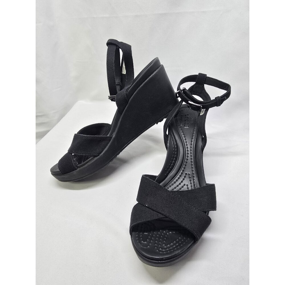 Crocs Leigh II Cross Strap Strappy Ankle Wedge Sandals Black Women’s Size 9